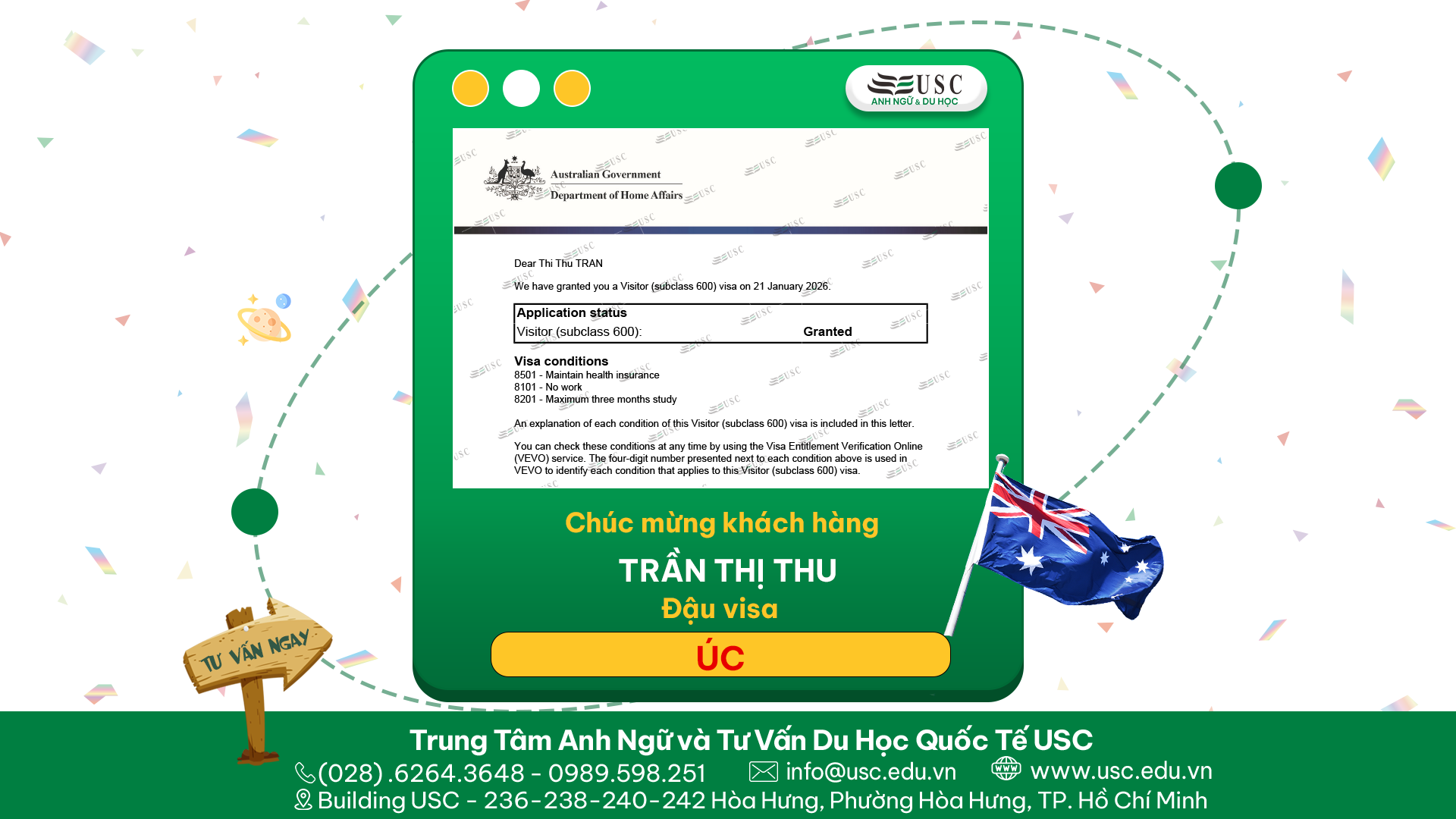 CHÚC MỪNG KHÁCH HÀNG CỦA USC ĐÃ ĐƯỢC LÃNH SỰ QUÁN ÚC CẤP VISA