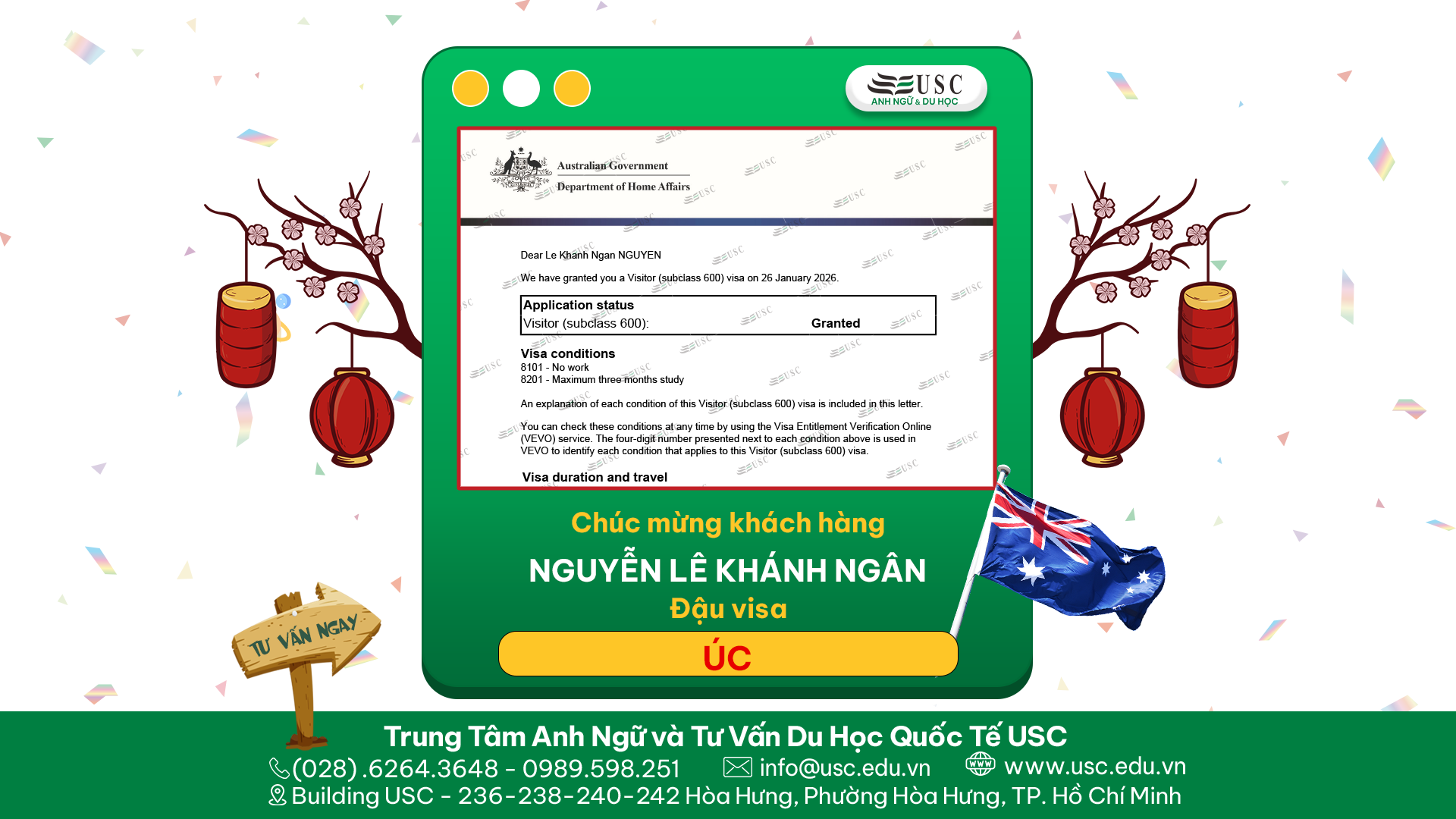 CHÚC MỪNG KHÁCH HÀNG CỦA USC ĐÃ ĐƯỢC LÃNH SỰ QUÁN ÚC CẤP VISA
