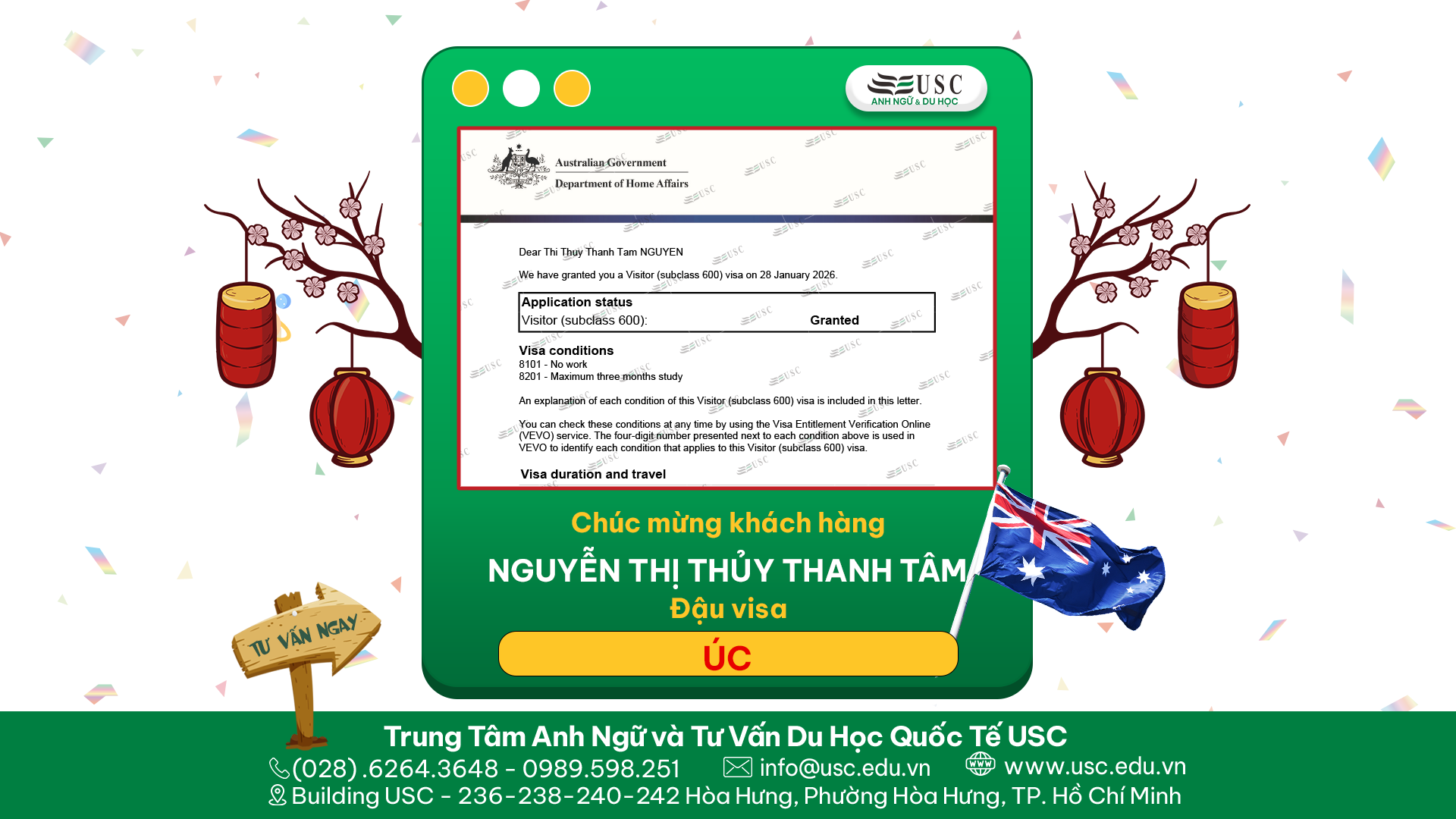 CHÚC MỪNG KHÁCH HÀNG CỦA USC ĐÃ ĐƯỢC LÃNH SỰ QUÁN ÚC CẤP VISA