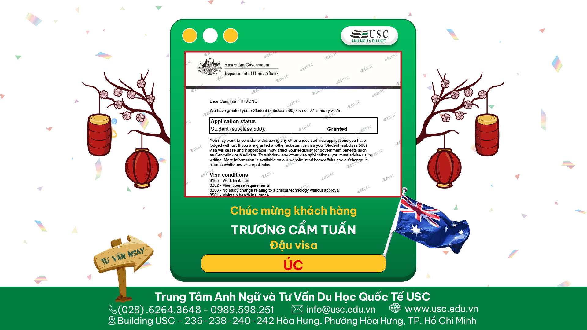 CHÚC MỪNG KHÁCH HÀNG CỦA USC ĐÃ ĐƯỢC LÃNH SỰ QUÁN ÚC CẤP VISA