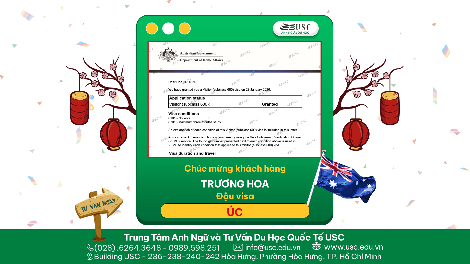 CHÚC MỪNG KHÁCH HÀNG CỦA USC ĐÃ ĐƯỢC LÃNH SỰ QUÁN ÚC CẤP VISA