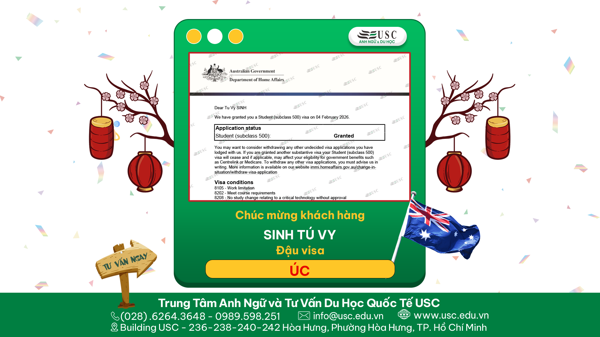 CHÚC MỪNG KHÁCH HÀNG CỦA USC ĐÃ ĐƯỢC LÃNH SỰ QUÁN ÚC CẤP VISA