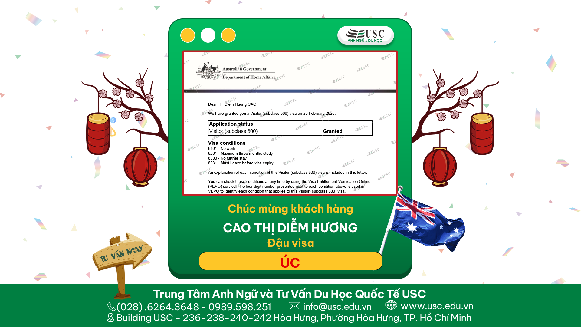 CHÚC MỪNG KHÁCH HÀNG CỦA USC ĐÃ ĐƯỢC LÃNH SỰ QUÁN ÚC CẤP VISA