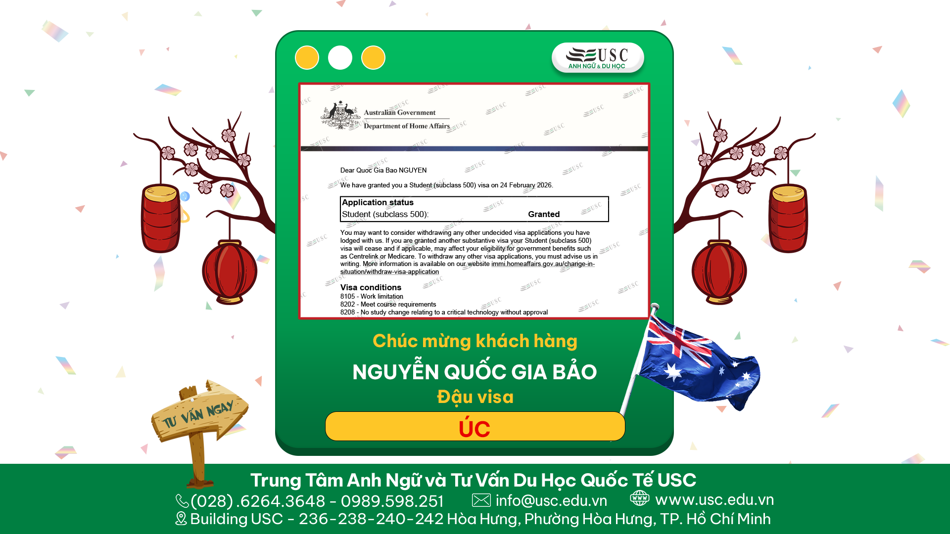CHÚC MỪNG KHÁCH HÀNG CỦA USC ĐÃ ĐƯỢC LÃNH SỰ QUÁN ÚC CẤP VISA