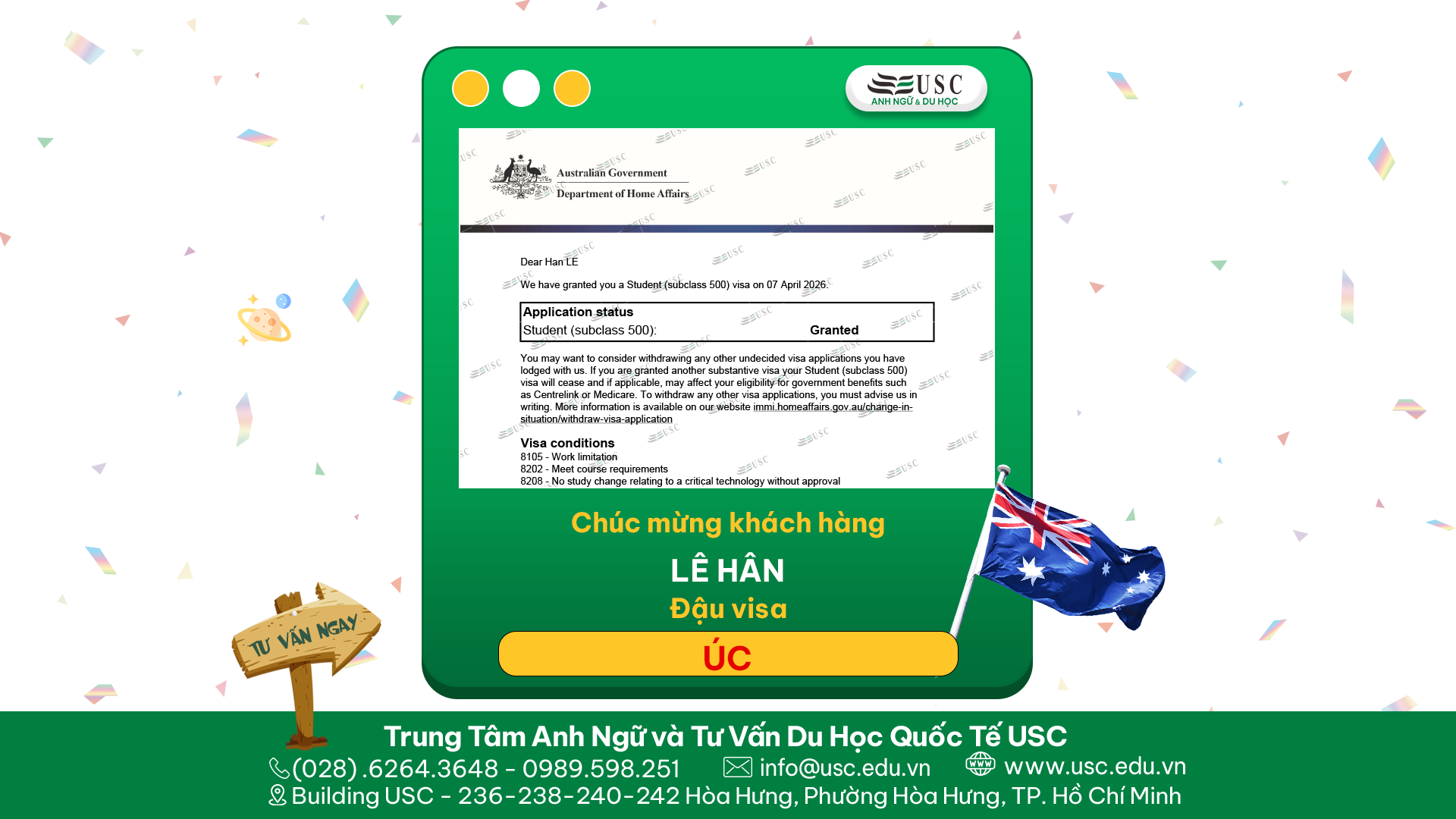 CHÚC MỪNG KHÁCH HÀNG CỦA USC ĐÃ ĐƯỢC LÃNH SỰ QUÁN ÚC CẤP VISA