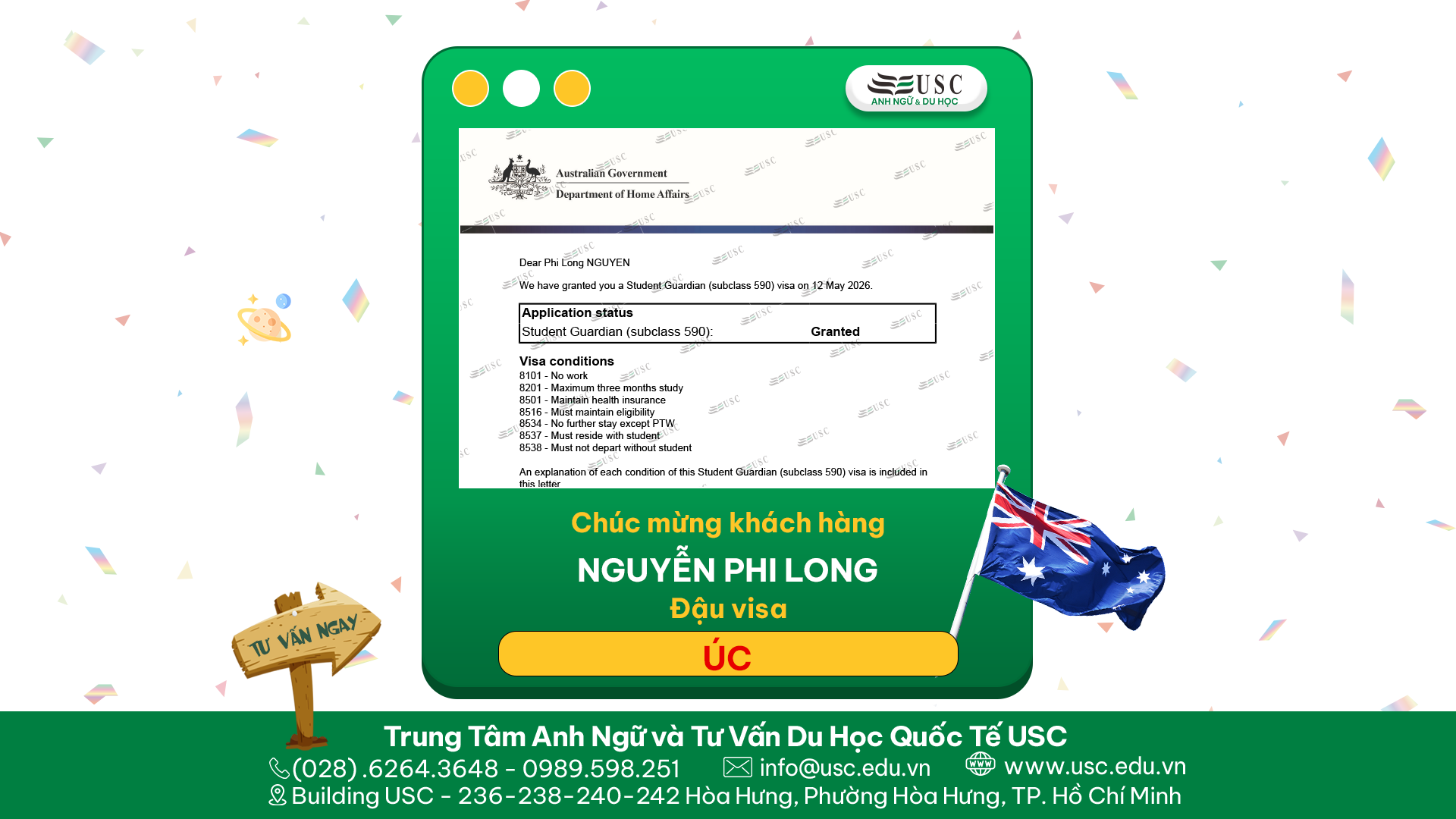 CHÚC MỪNG KHÁCH HÀNG CỦA USC ĐÃ ĐƯỢC LÃNH SỰ QUÁN ÚC CẤP VISA