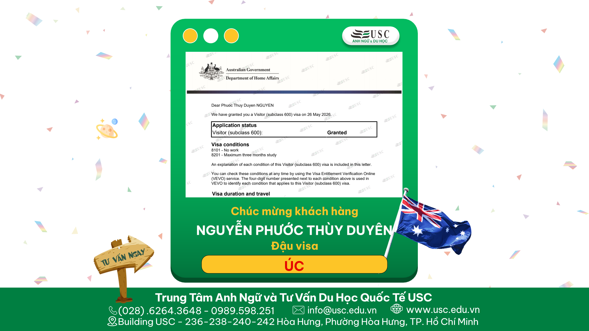 CHÚC MỪNG KHÁCH HÀNG CỦA USC ĐÃ ĐƯỢC LÃNH SỰ QUÁN ÚC CẤP VISA