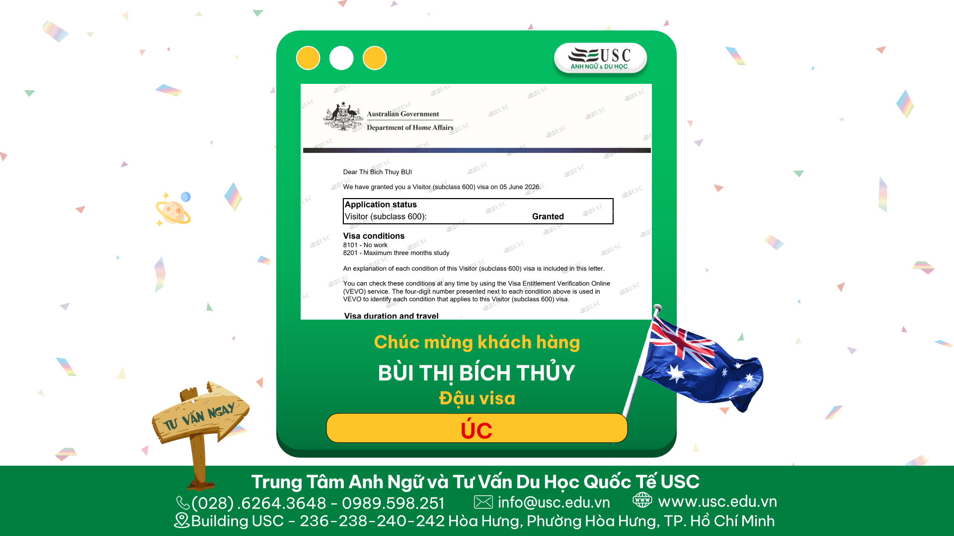 CHÚC MỪNG KHÁCH HÀNG CỦA USC ĐÃ ĐƯỢC LÃNH SỰ QUÁN ÚC CẤP VISA