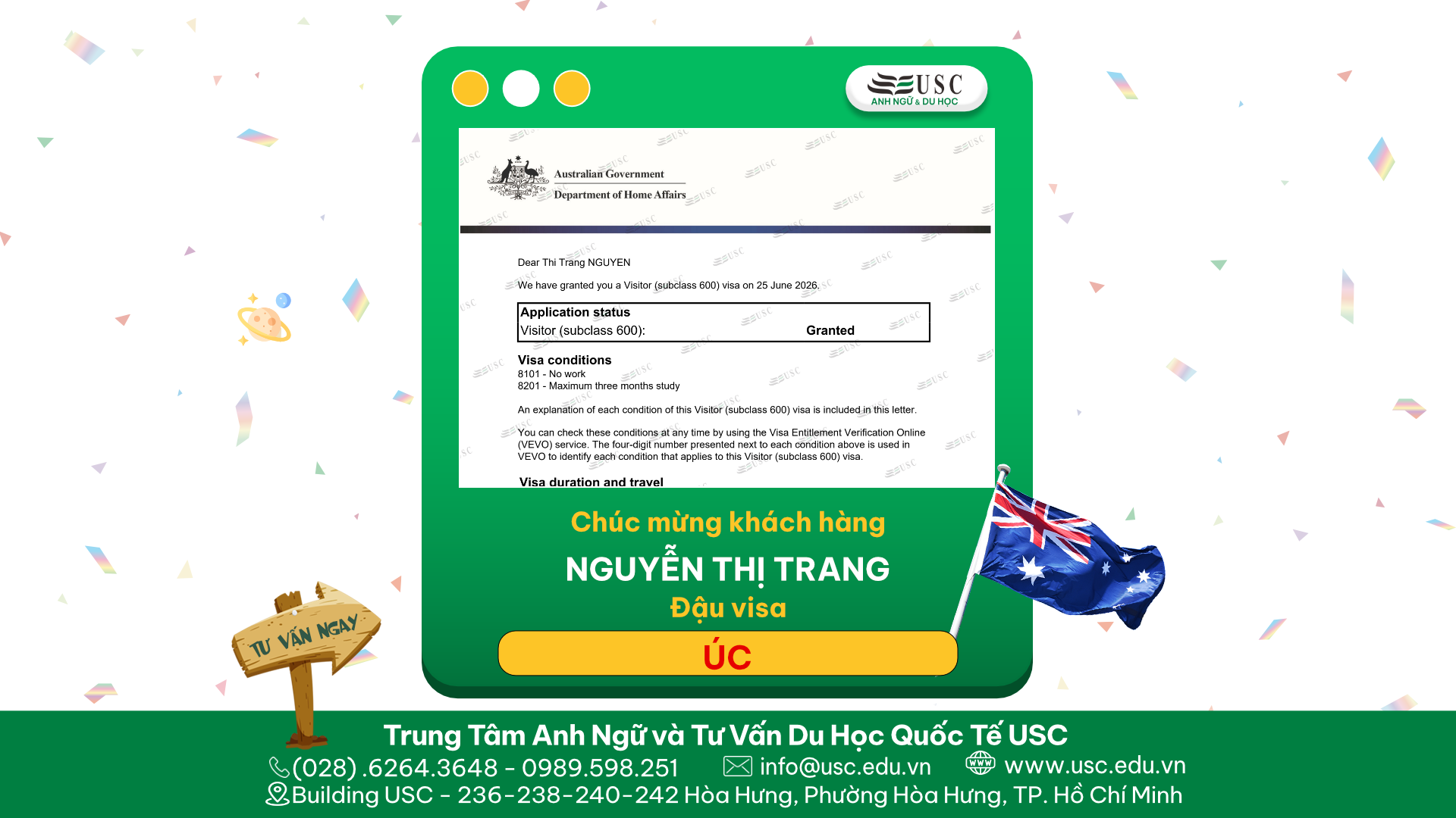 CHÚC MỪNG KHÁCH HÀNG CỦA USC ĐÃ ĐƯỢC LÃNH SỰ QUÁN ÚC CẤP VISA